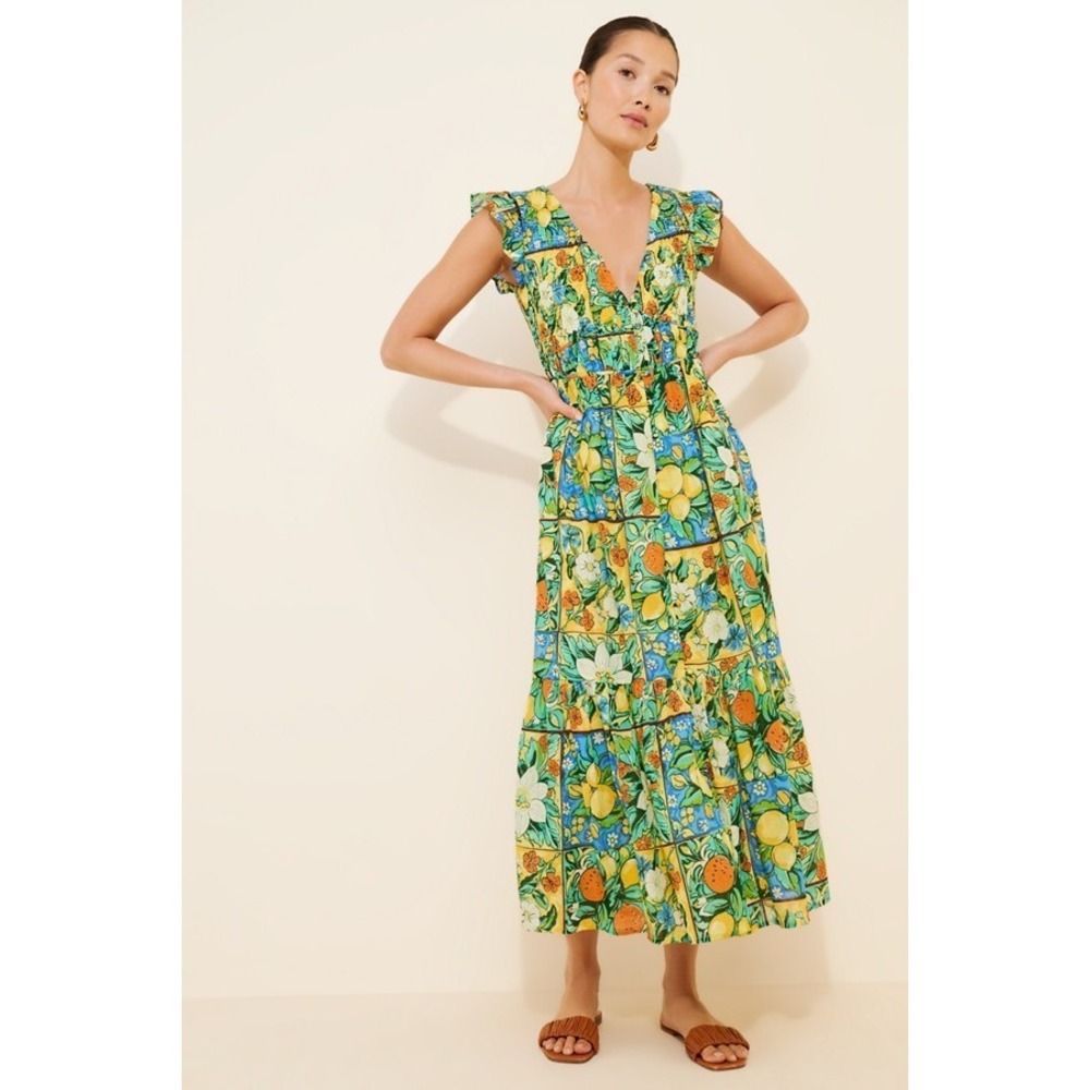 Anthropologie‎ Peregrine Flutter Sleeve Midi Dress Citrus Floral Tile Print XXS